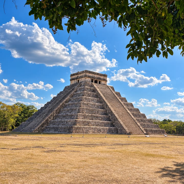El Castillo, the stepped Maya pyramid at Chichén Itzá, rises from a dry grass plain under a bright blue sky with white clouds, framed by leafy branches at the upper right.