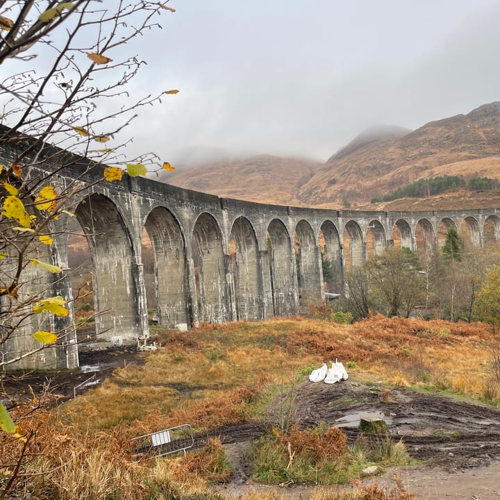 A long, gently curving concrete railway viaduct of many arches crosses a valley of autumn bracken and pine trees, with brown cloud-wrapped hills behind.