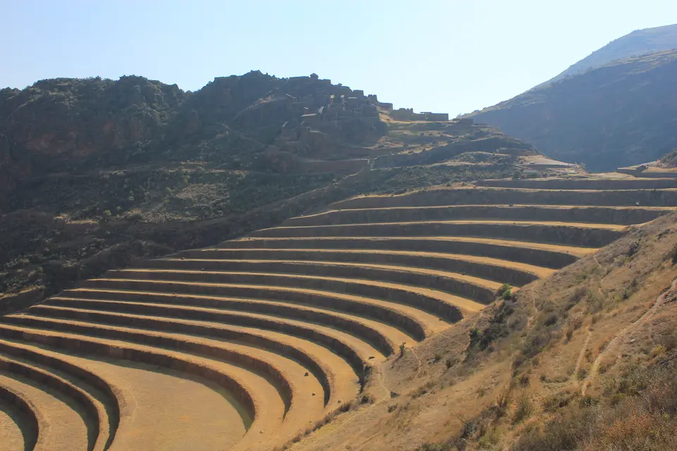 Curved Inca agricultural terraces on a dry hillside at Pisac in the Sacred Valley.