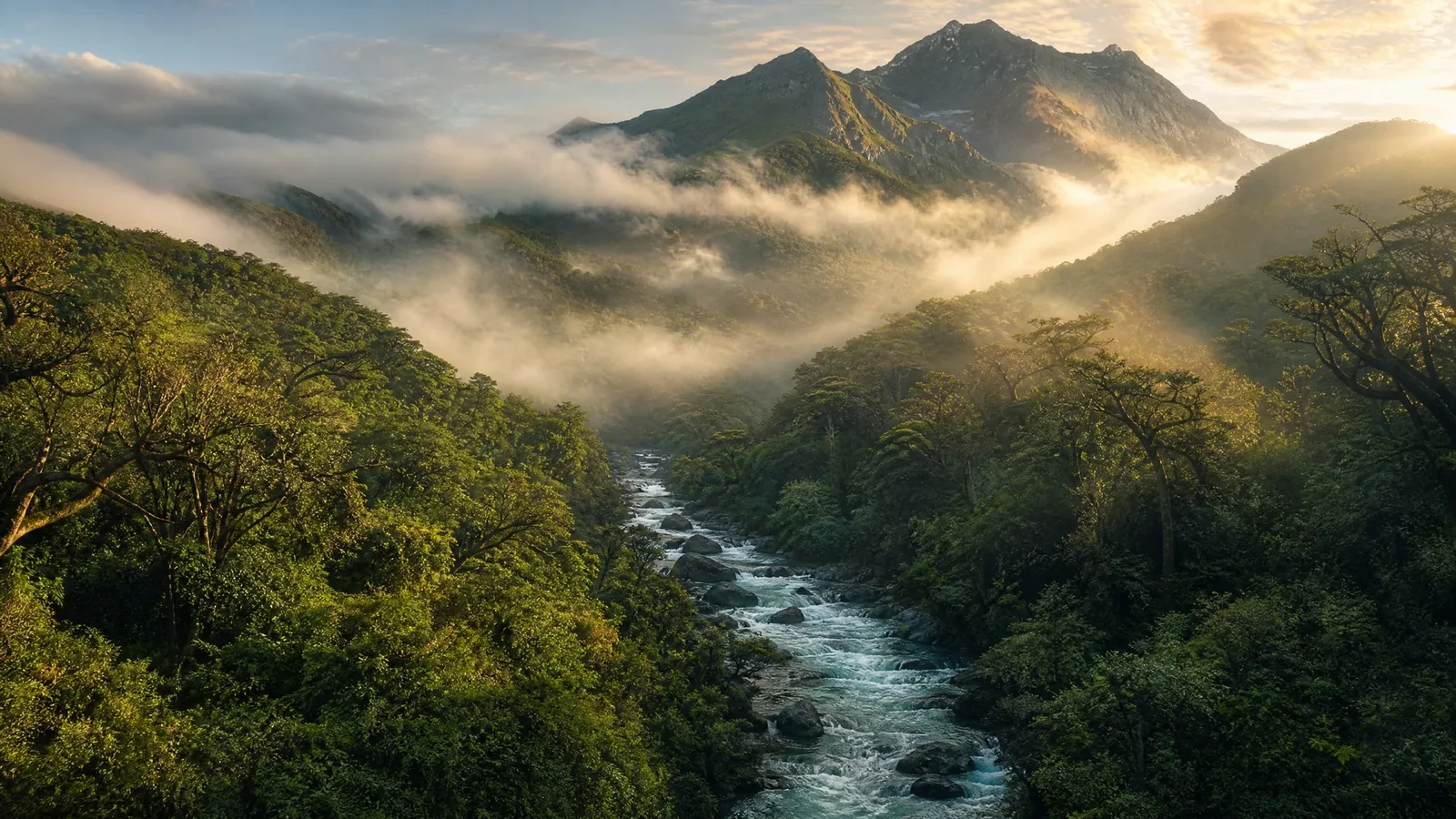Misty green mountains and forested slopes in warm sunrise light, with a clear river tumbling over rocks through the valley.