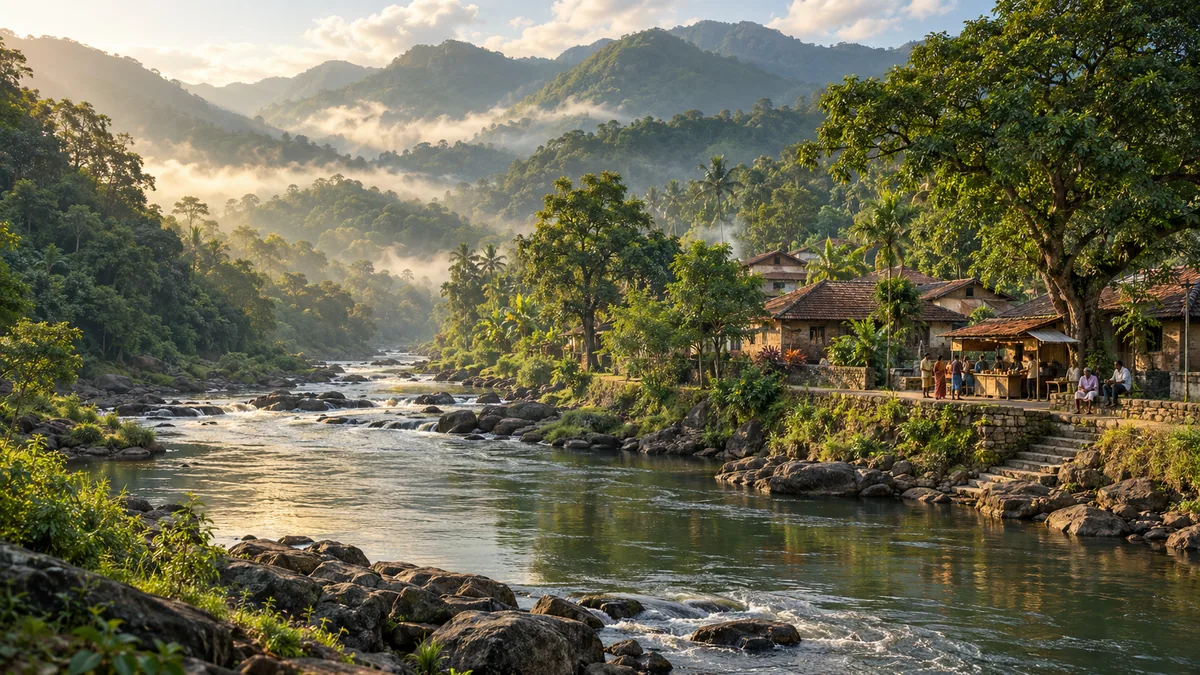 A river village at sunrise: tiled houses and a small market under large trees on the bank, with mist over forested hills beyond.