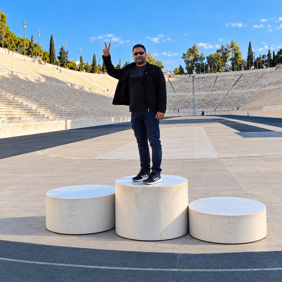 A traveller in a black jacket and sunglasses makes a peace sign, standing on the top step of the white marble victory podium inside the Panathenaic Stadium, with the marble stands behind.