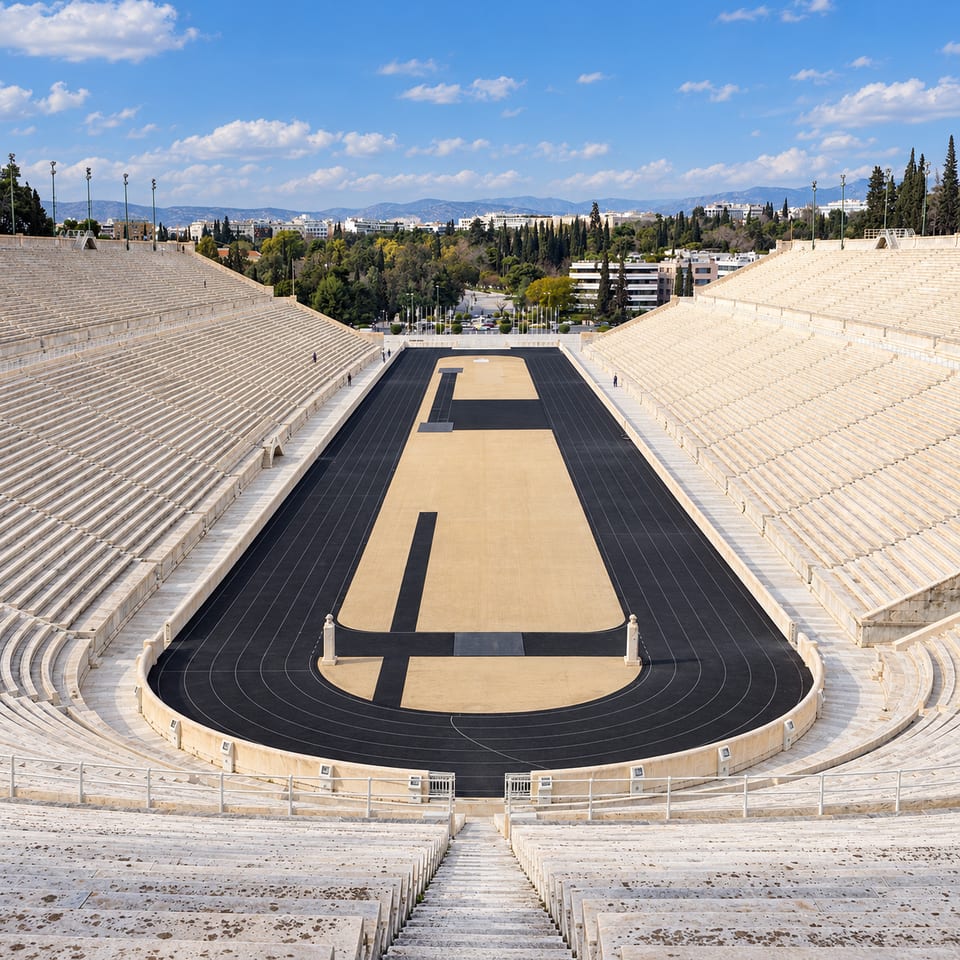 Looking down the length of the stadium from high in the marble stands: the dark running track around a sand-coloured infield, with Athens and the mountains beyond.