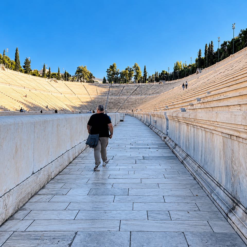 A man with a shoulder bag walks away along the marble walkway between the low wall of the track and the tiered marble seats.