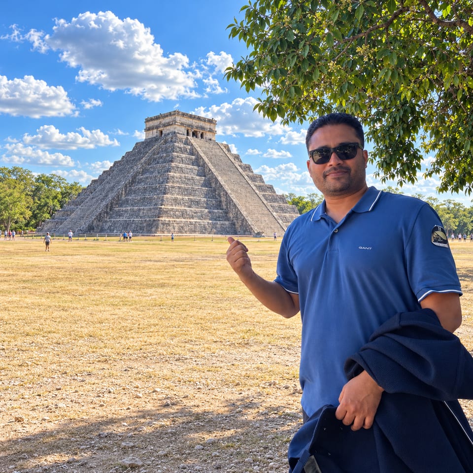 The traveller in a blue polo shirt and sunglasses, a jacket over his arm, gestures toward the stepped pyramid of El Castillo at Chichén Itzá, under a tree and a blue sky with clouds.