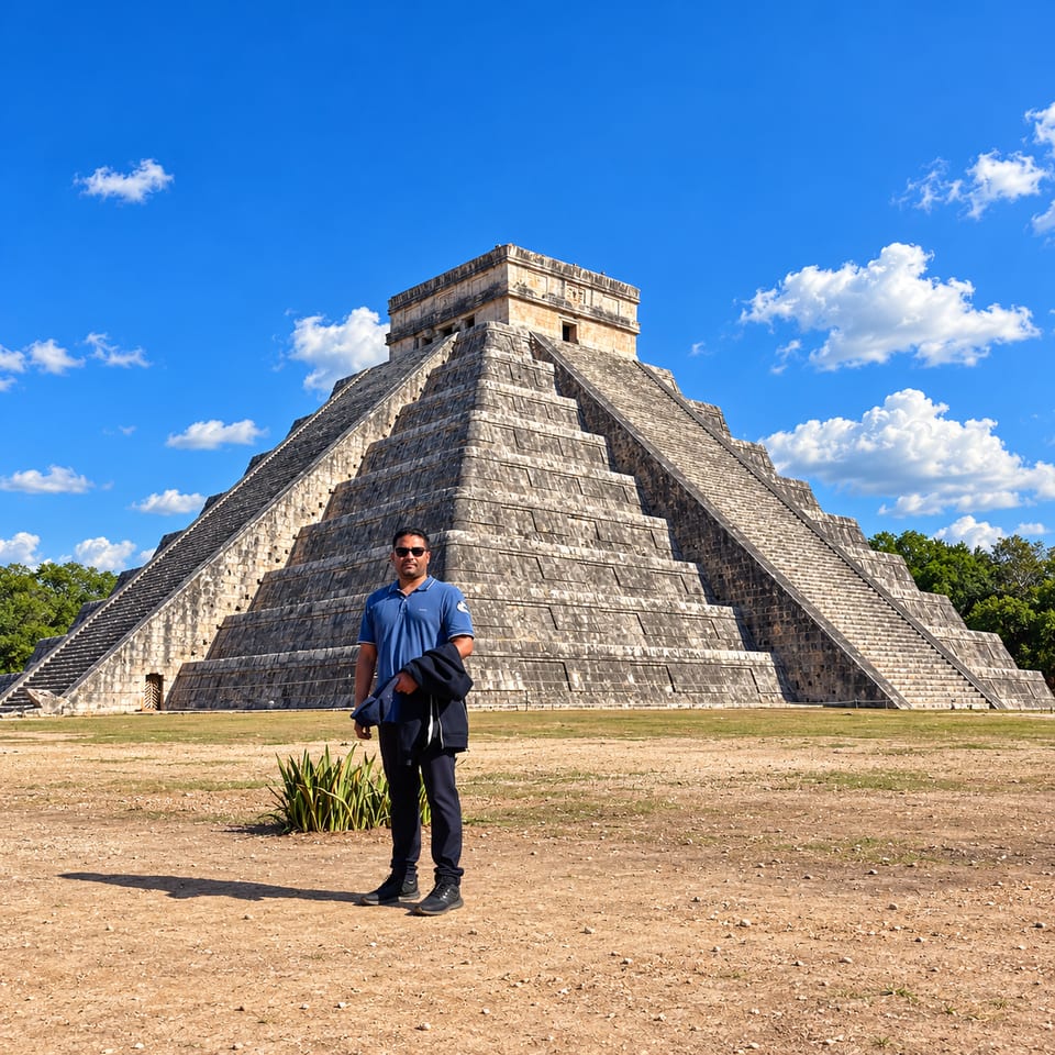 The traveller in a blue polo shirt, a jacket over his arm, stands in front of the stepped pyramid of El Castillo under a blue sky.