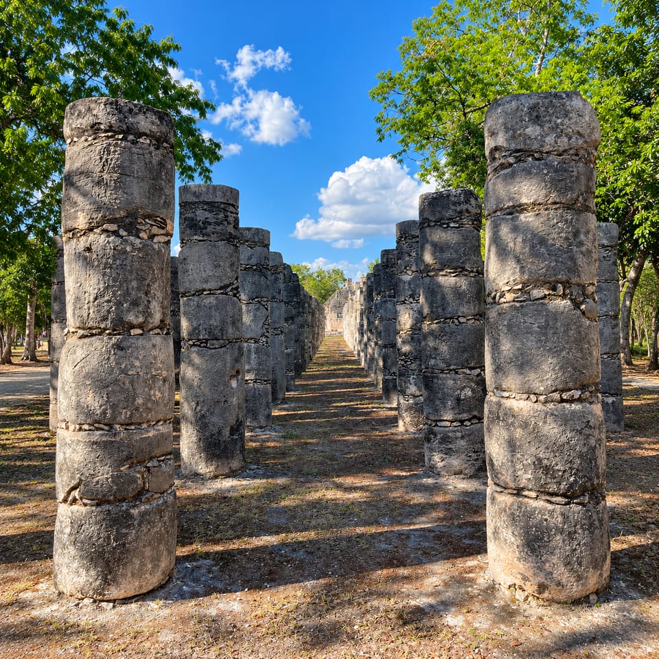 Rows of round, weathered stone columns in dappled sunlight between green trees.