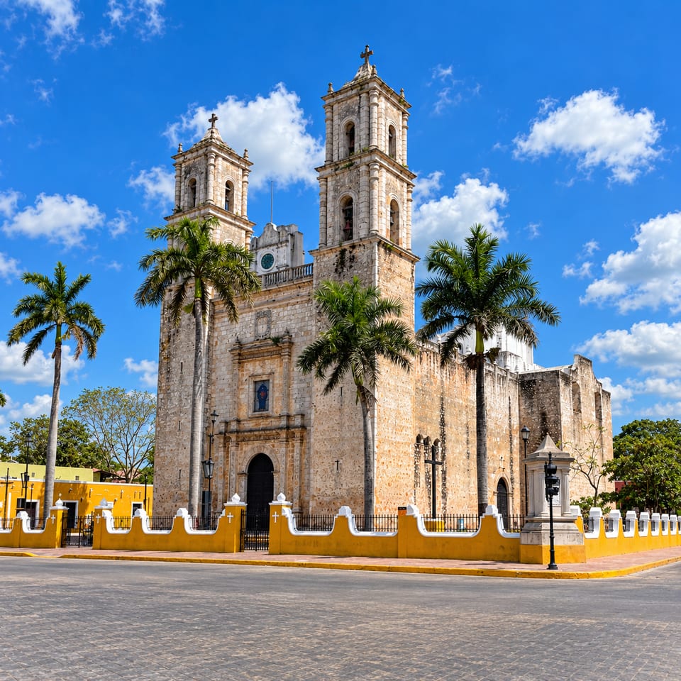 A twin-towered colonial stone church with tall palm trees, behind a yellow and white wall, under a blue sky with clouds.